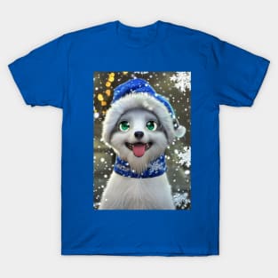 Cute blue eyed anime Christmas dog T-Shirt